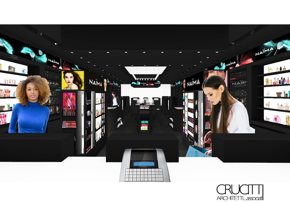 render interno store NAIMA con espositori illuminati e design contemporaneo Crucitti Architetti