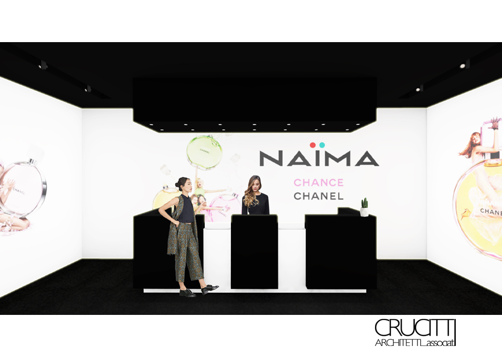 render banco centrale NAIMA con logo brand e area accoglienza progetto Crucitti Architetti