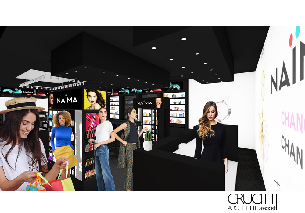 render negozio NAIMA con clienti e espositori make up progetto retail Crucitti Architetti