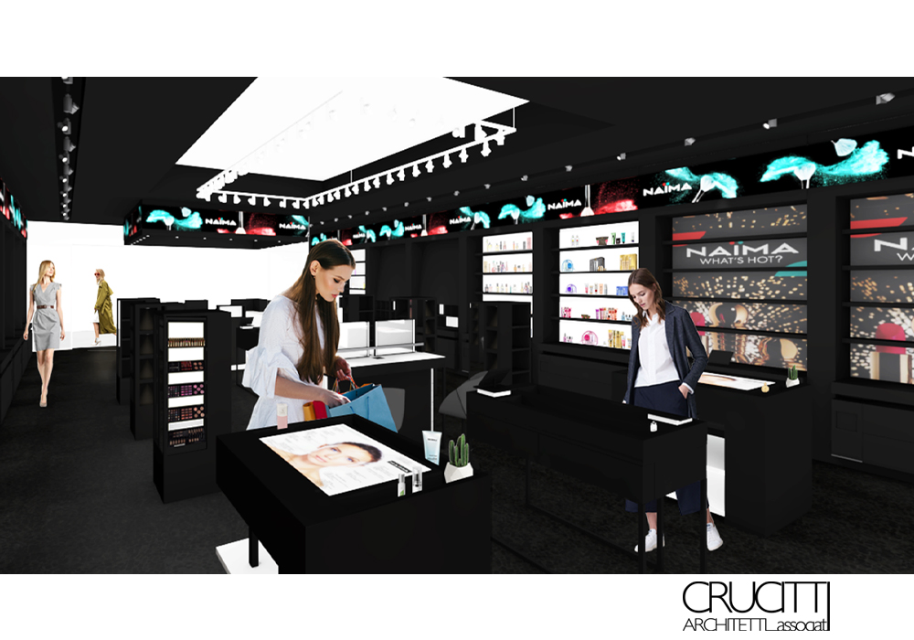 render store NAIMA con postazioni make up e layout moderno progetto Crucitti Architetti