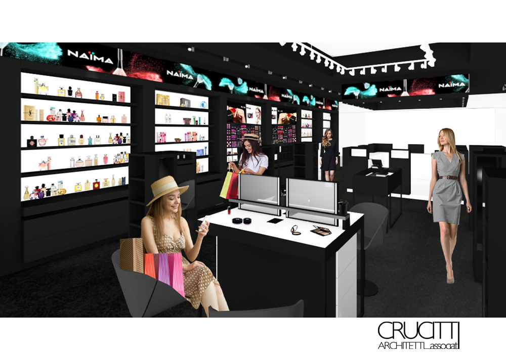 render negozio make up NAIMA con clienti e layout espositivo progetto Crucitti Architetti