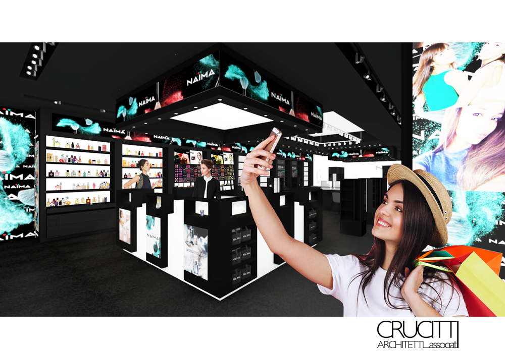 render cliente in store NAIMA con espositori make up progetto Crucitti Architetti