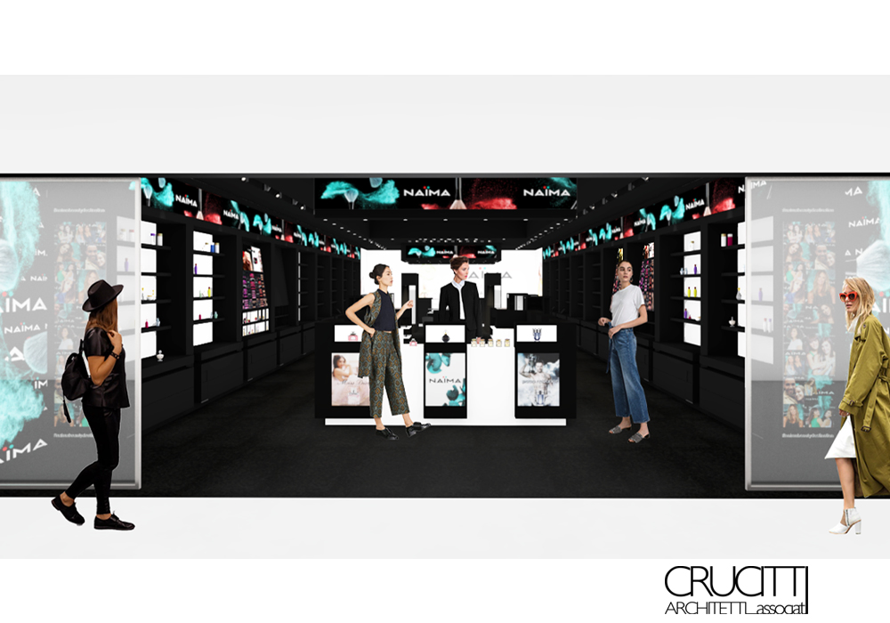 render interno store NAIMA con layout retail moderno progetto Crucitti Architetti
