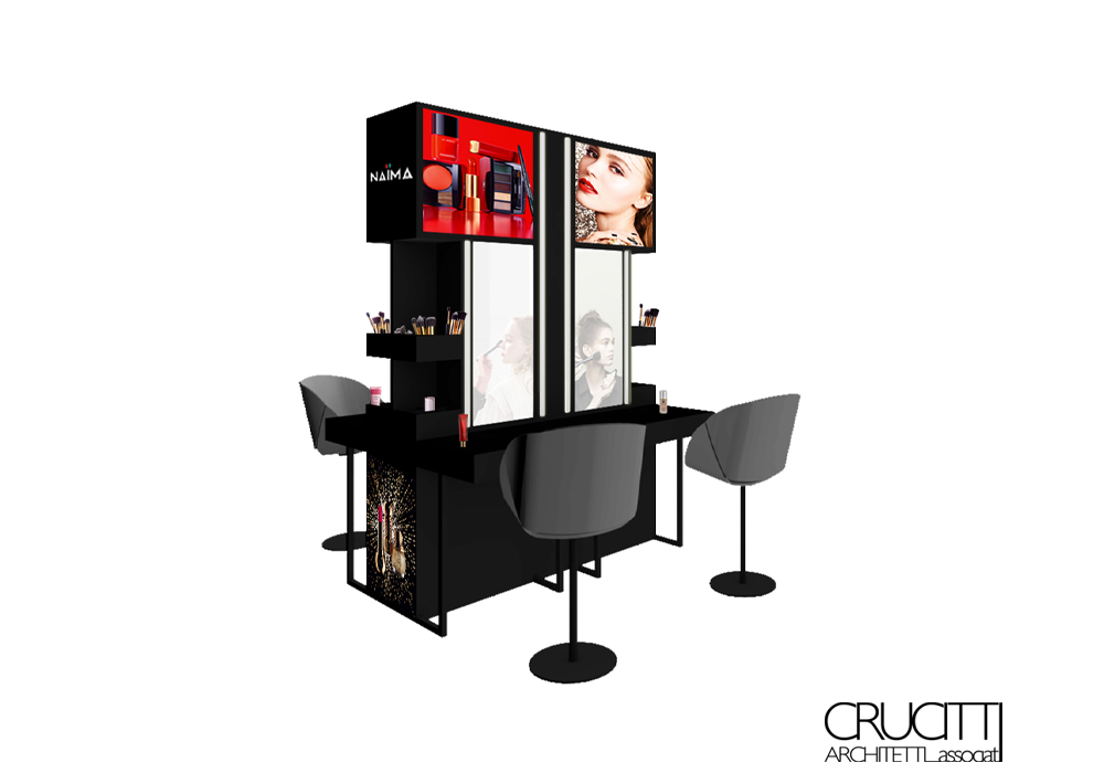 render postazione make up NAIMA con specchi e sedute progetto Crucitti Architetti