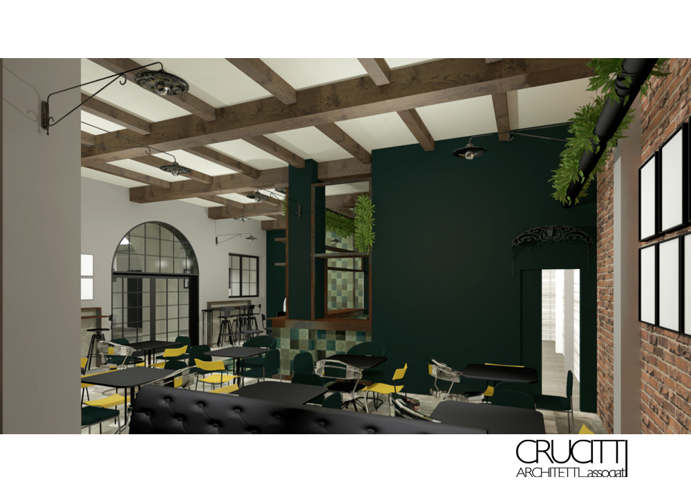 sala brew pub con parete verde e illuminazione design industriale Roma