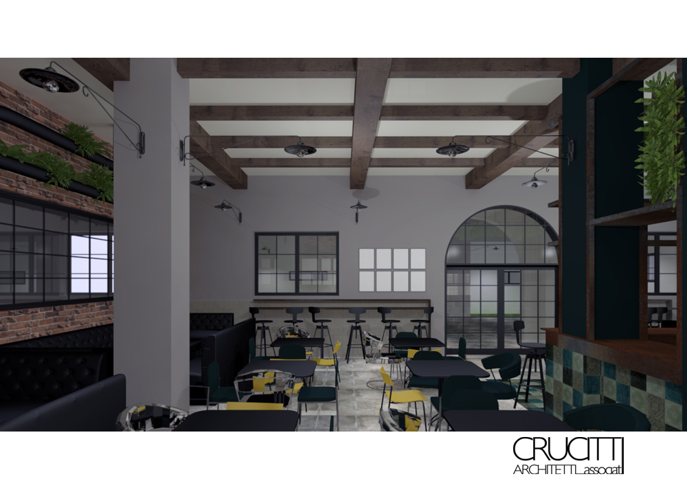 interno brew pub con travi in legno e archi recupero fabbrica Roma Crucitti