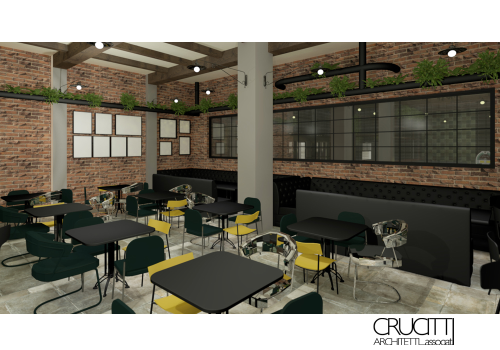 brew pub con mattoni a vista e vetrate industriali progetto Roma Crucitti Architetti