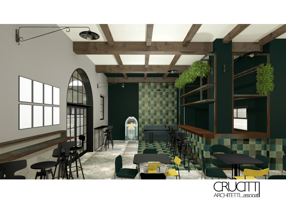 interno brew pub con arco e parete verde design industriale Roma Crucitti Architetti