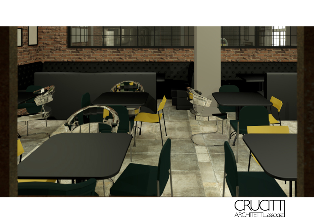 interno brew pub design industriale con tavoli e arredi moderni Roma progetto Crucitti