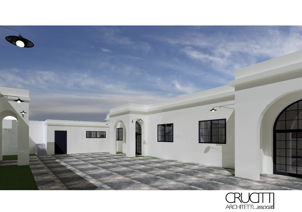 corte esterna brew pub con pavimentazione e architettura industriale Roma progetto Crucitti