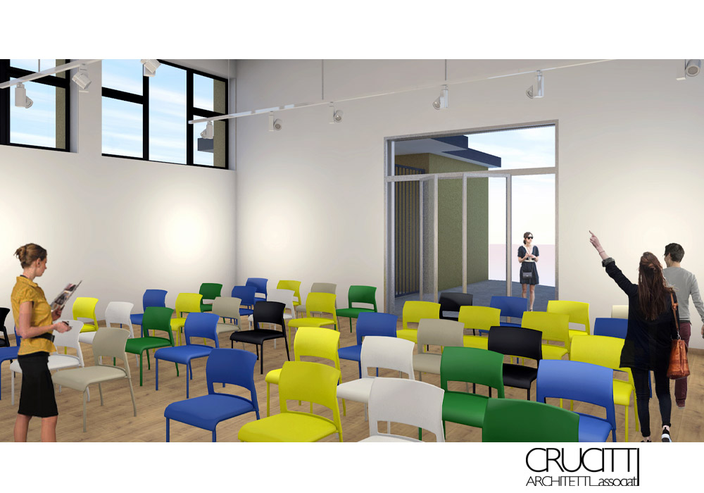 aula museo Sinopoli con sedie colorate spazio multifunzionale Crucitti Architetti