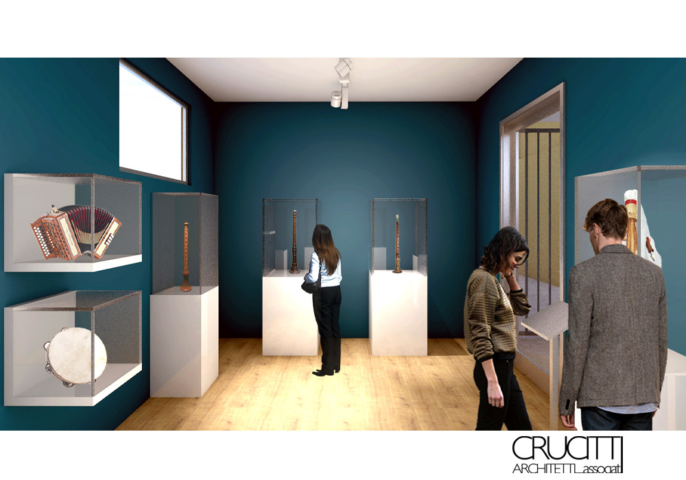 visitatori in sala museo strumenti musicali Sinopoli progetto Crucitti Architetti