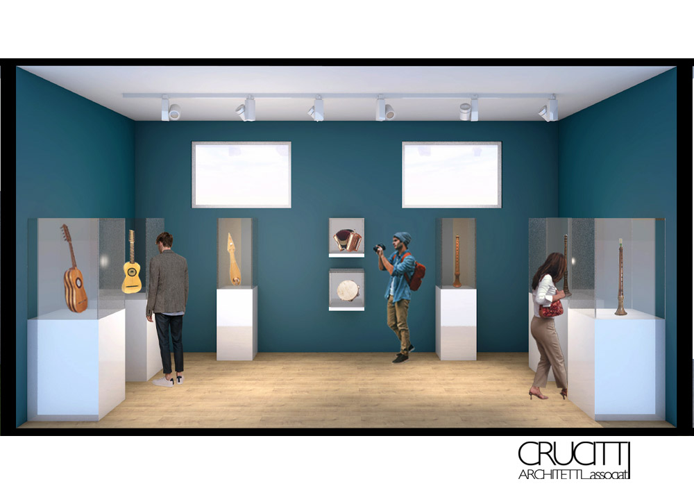 sala espositiva strumenti musicali museo Sinopoli allestimento Crucitti Architetti