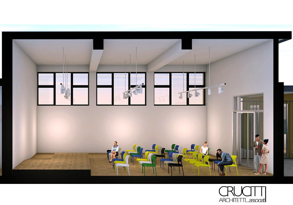 sala didattica museo Sinopoli con sedute colorate progetto allestimento Crucitti Architetti